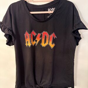 AC/DC Graphic Band Tee Women’s Black Tie Front Ruffle Sleeve Top 1X